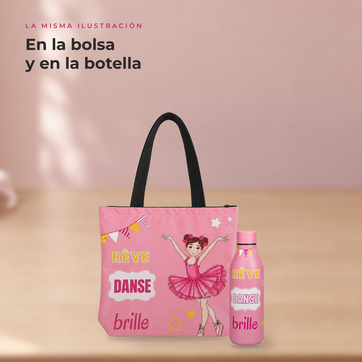 Pack Botella Térmica Bailarina + Bolsa de Ballet – diseño Marina (Rêve, Danse, Brille) – detalle