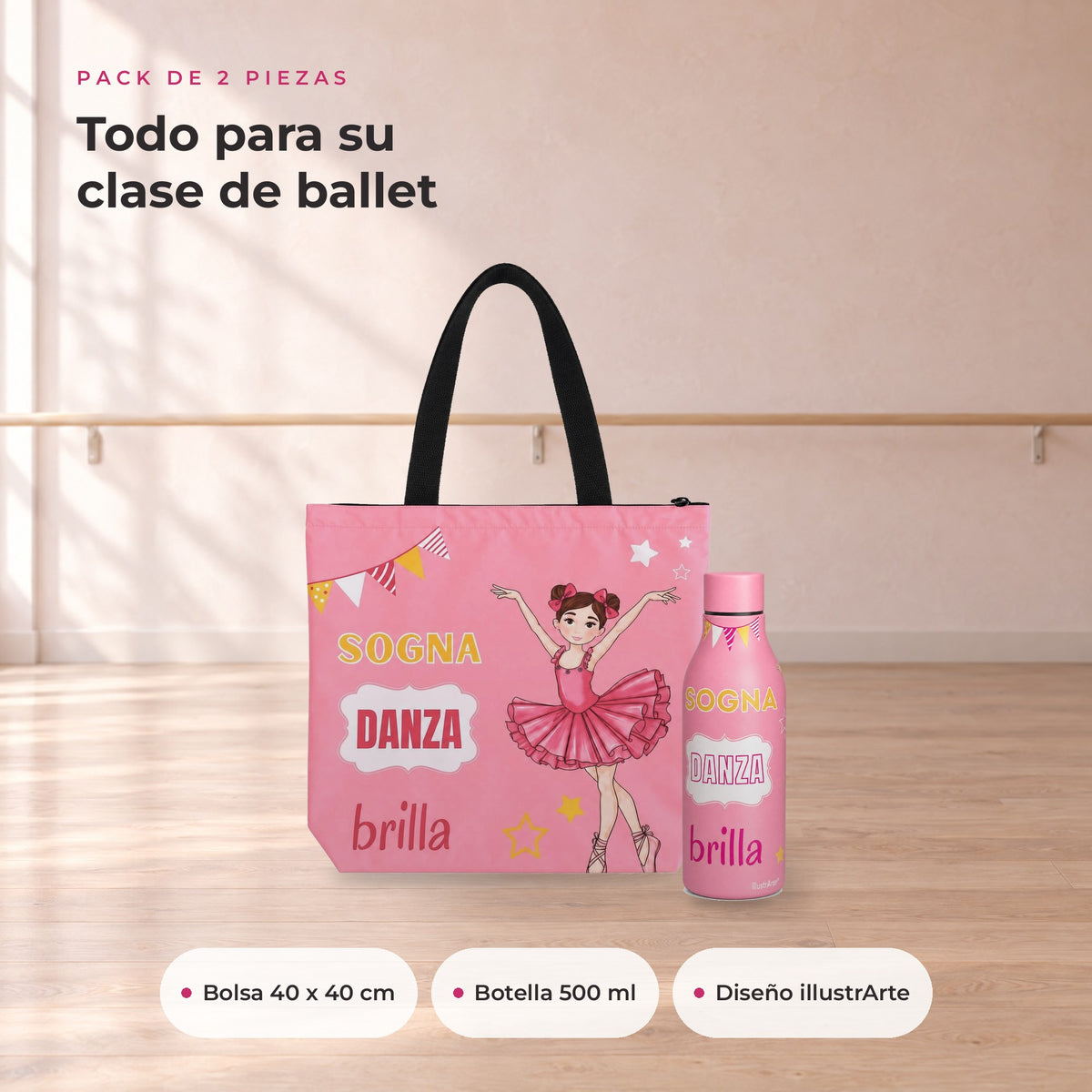 Pack Botella Térmica Bailarina + Bolsa de Ballet – diseño Marina (Sogna, Danza, Brilla) – qué incluye