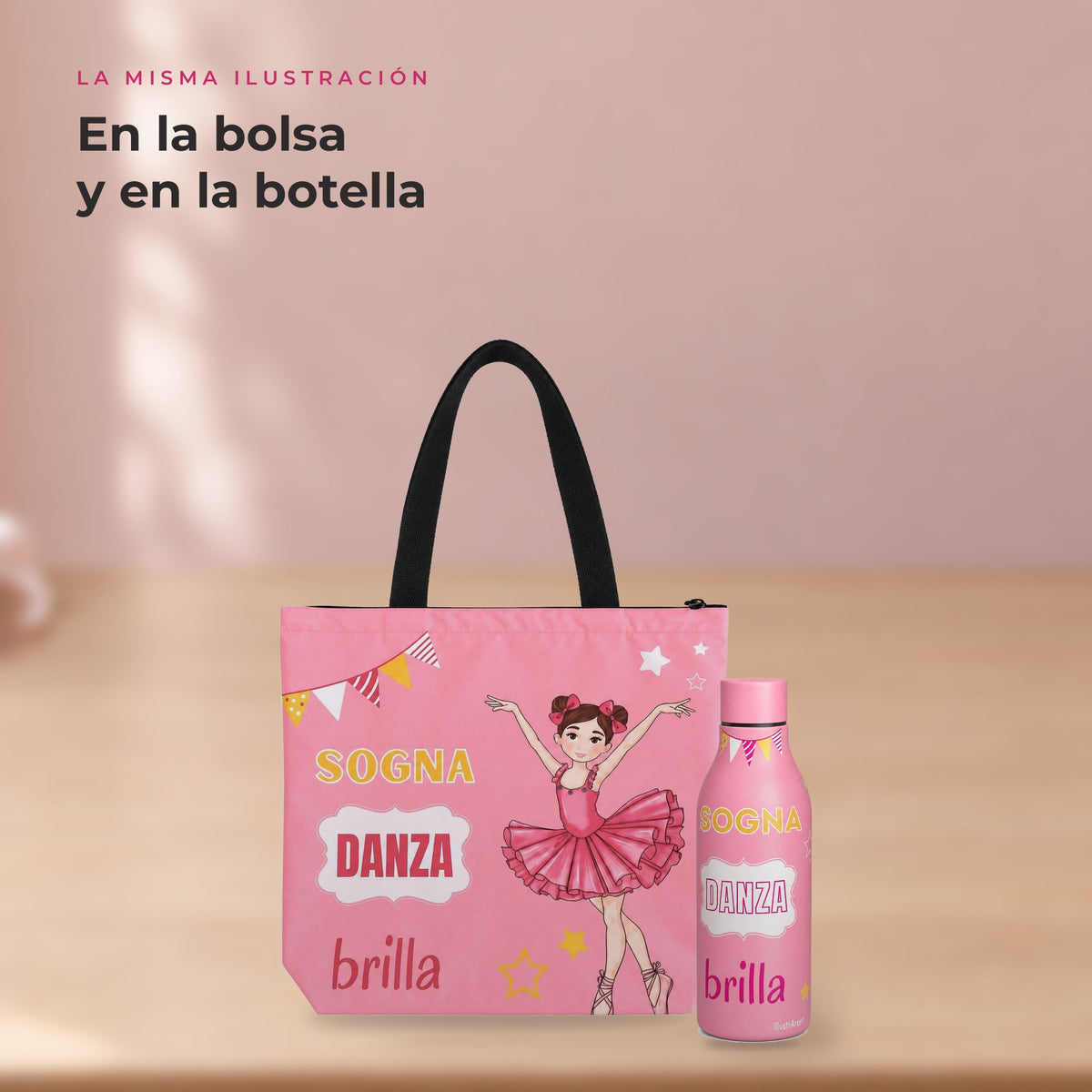 Pack Botella Térmica Bailarina + Bolsa de Ballet – diseño Marina (Sogna, Danza, Brilla) – detalle