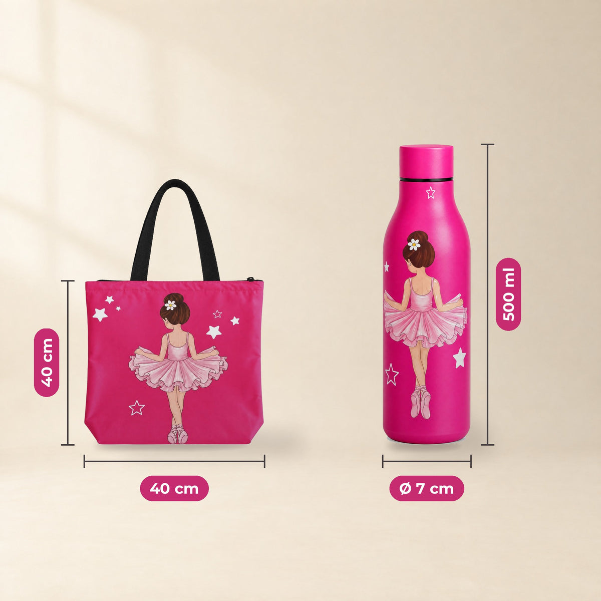 Pack Botella Térmica Bailarina + Bolsa de Ballet – diseño Tina – medidas