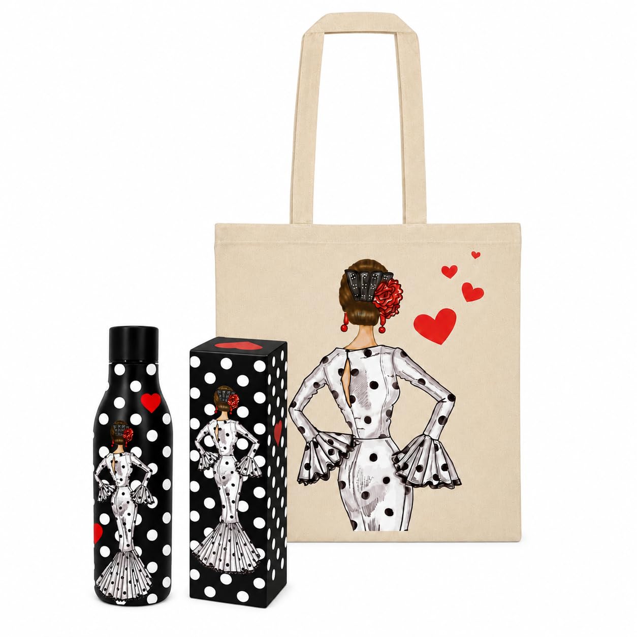 Pack botella térmica 500 ml + bolsa tote Cádiz 38x42 cm illustrArte – botella María Blanco fondo negro, bolsa María Blanco