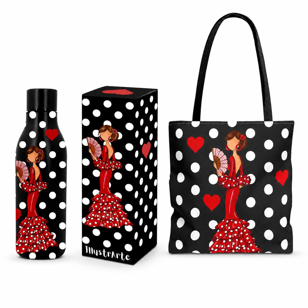 Pack botella térmica 500 ml + bolso tote Málaga 43x43 cm illustrArte – diseño Pepa lunares