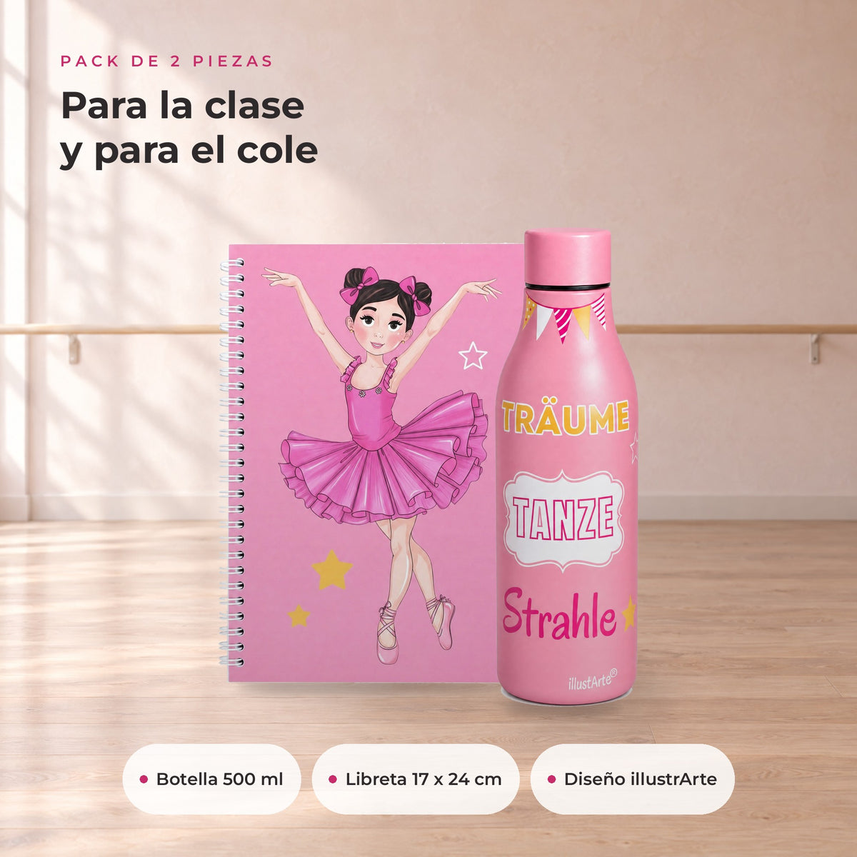 Pack Botella Térmica Bailarina + Libreta – diseño Marina (Träume, Tanze, Strahle) – qué incluye