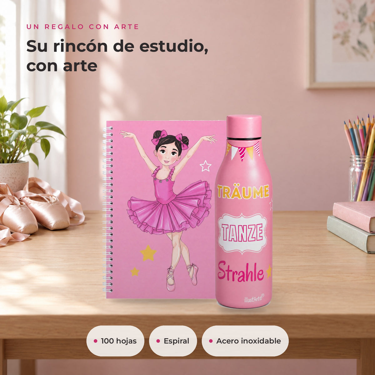 Pack Botella Térmica Bailarina + Libreta – diseño Marina (Träume, Tanze, Strahle) – ambiente