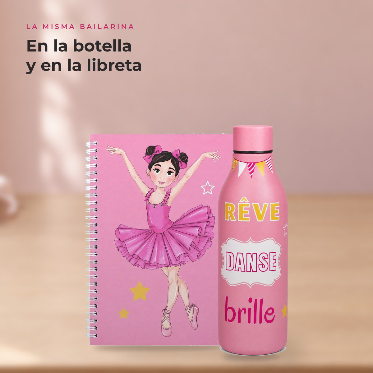 Pack Botella Térmica Bailarina + Libreta – diseño Marina (Rêve, Danse, Brille) – detalle