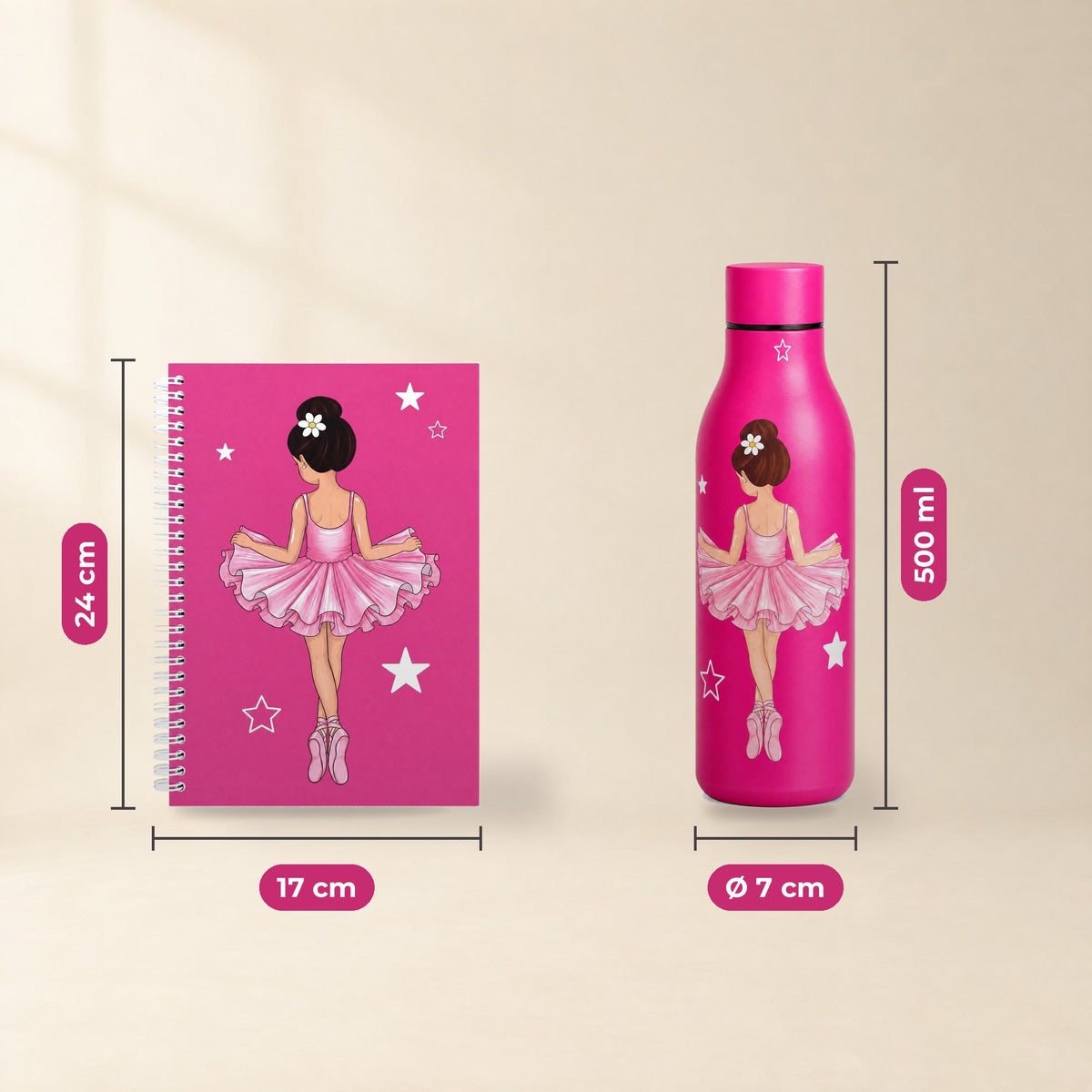 Pack Botella Térmica Bailarina + Libreta – diseño Tina – medidas