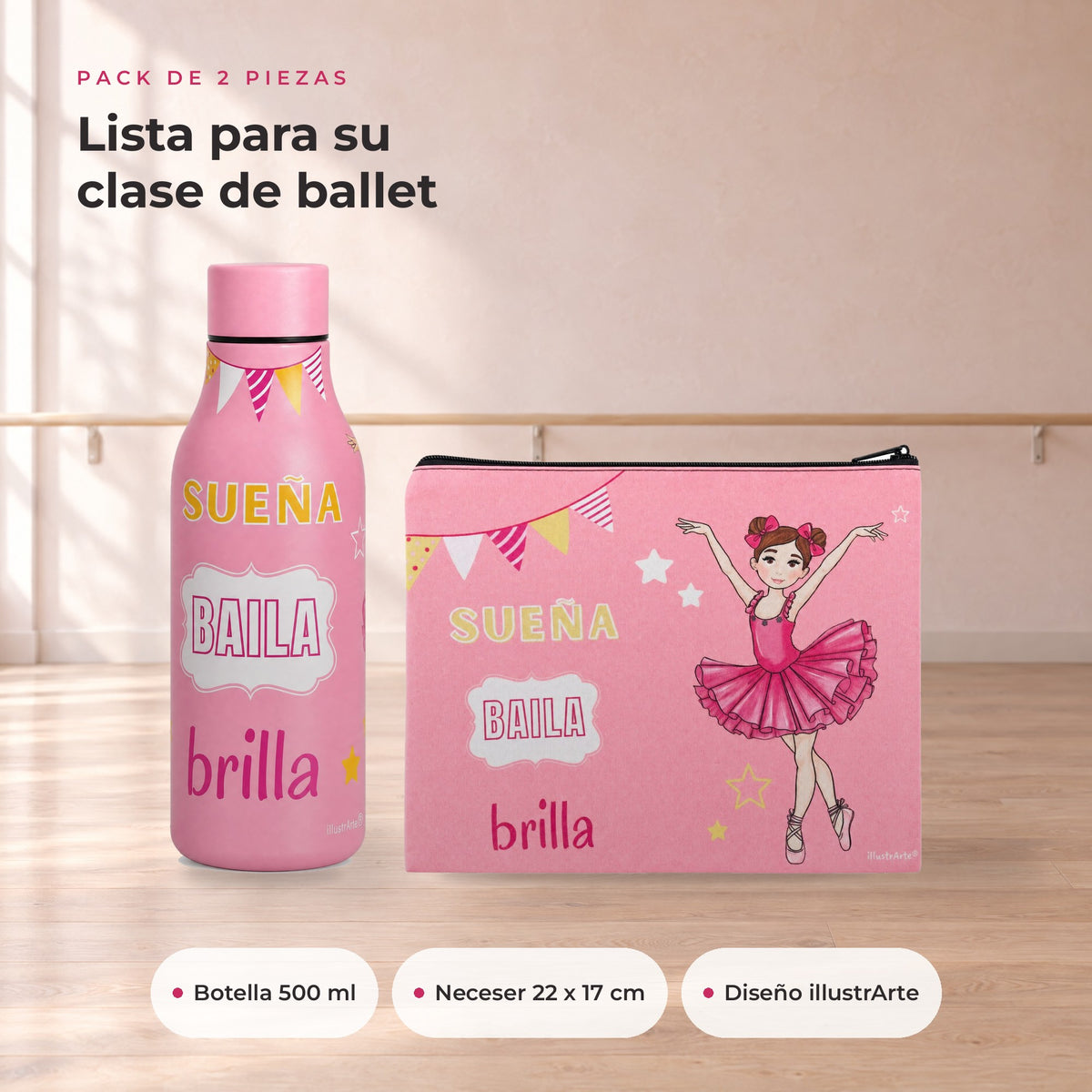 Pack Botella Térmica Bailarina + Neceser Granada – diseño Marina (Sueña, Baila, Brilla) – qué incluye