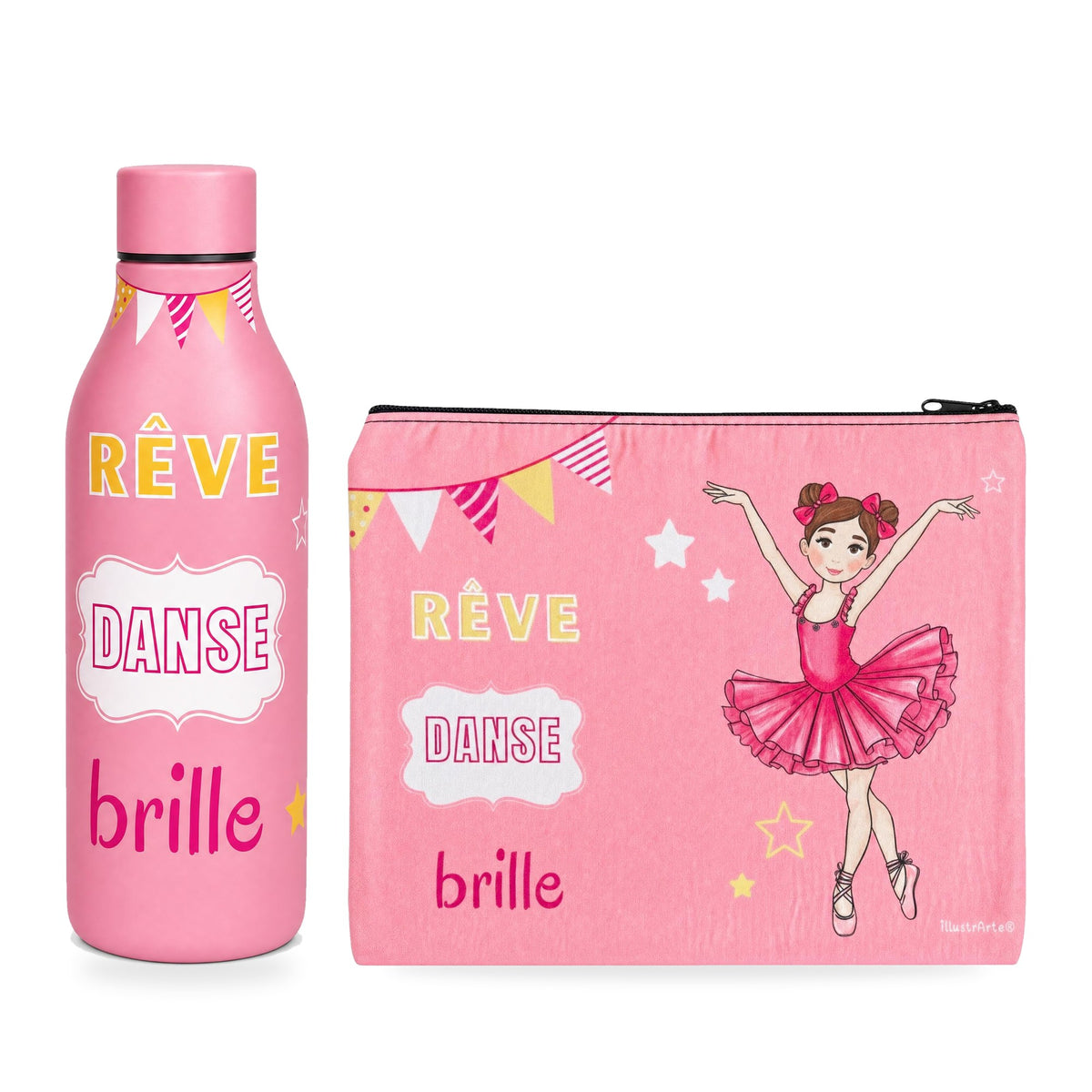 Pack Botella Térmica Bailarina + Neceser Granada – diseño Marina (Rêve, Danse, Brille)