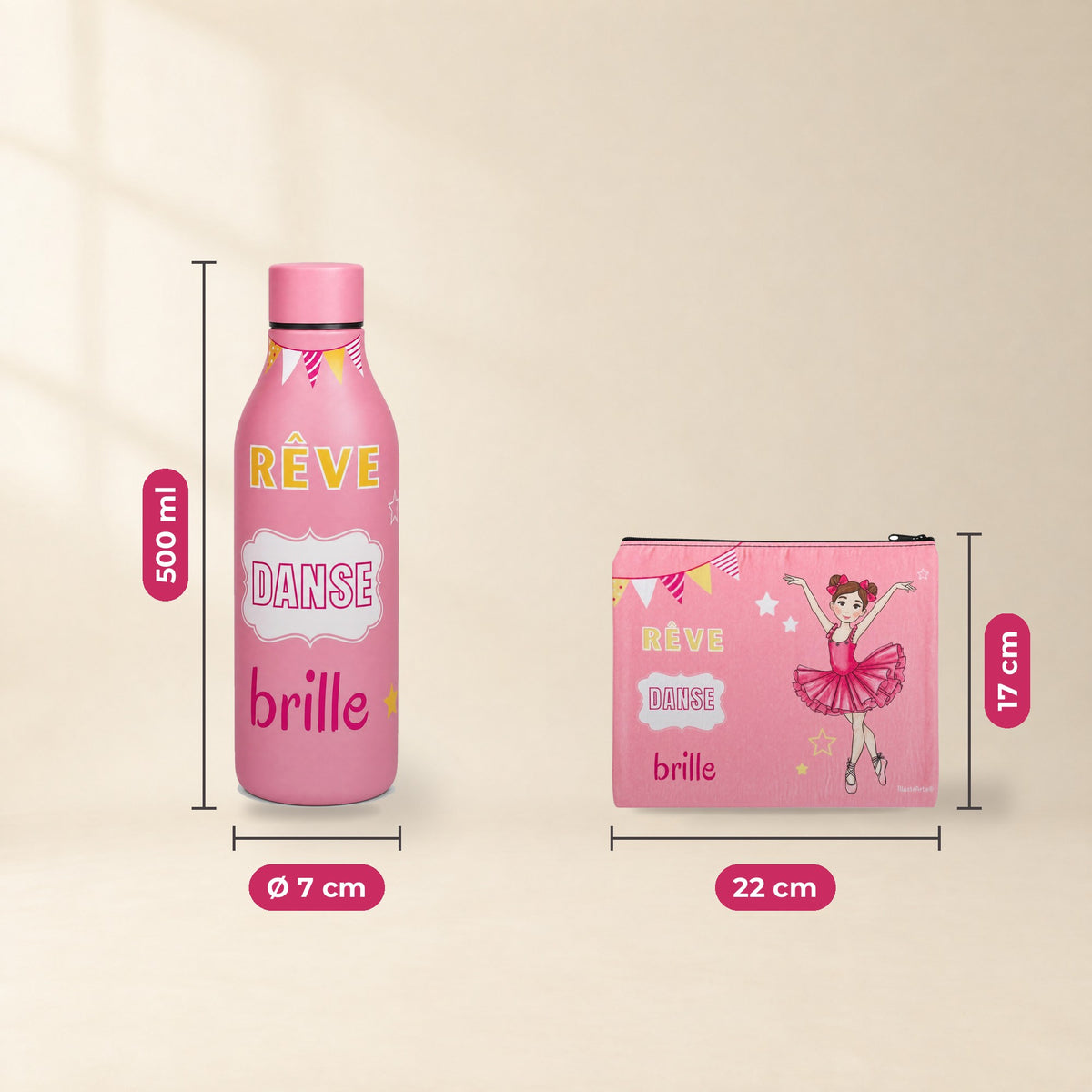 Pack Botella Térmica Bailarina + Neceser Granada – diseño Marina (Rêve, Danse, Brille) – medidas