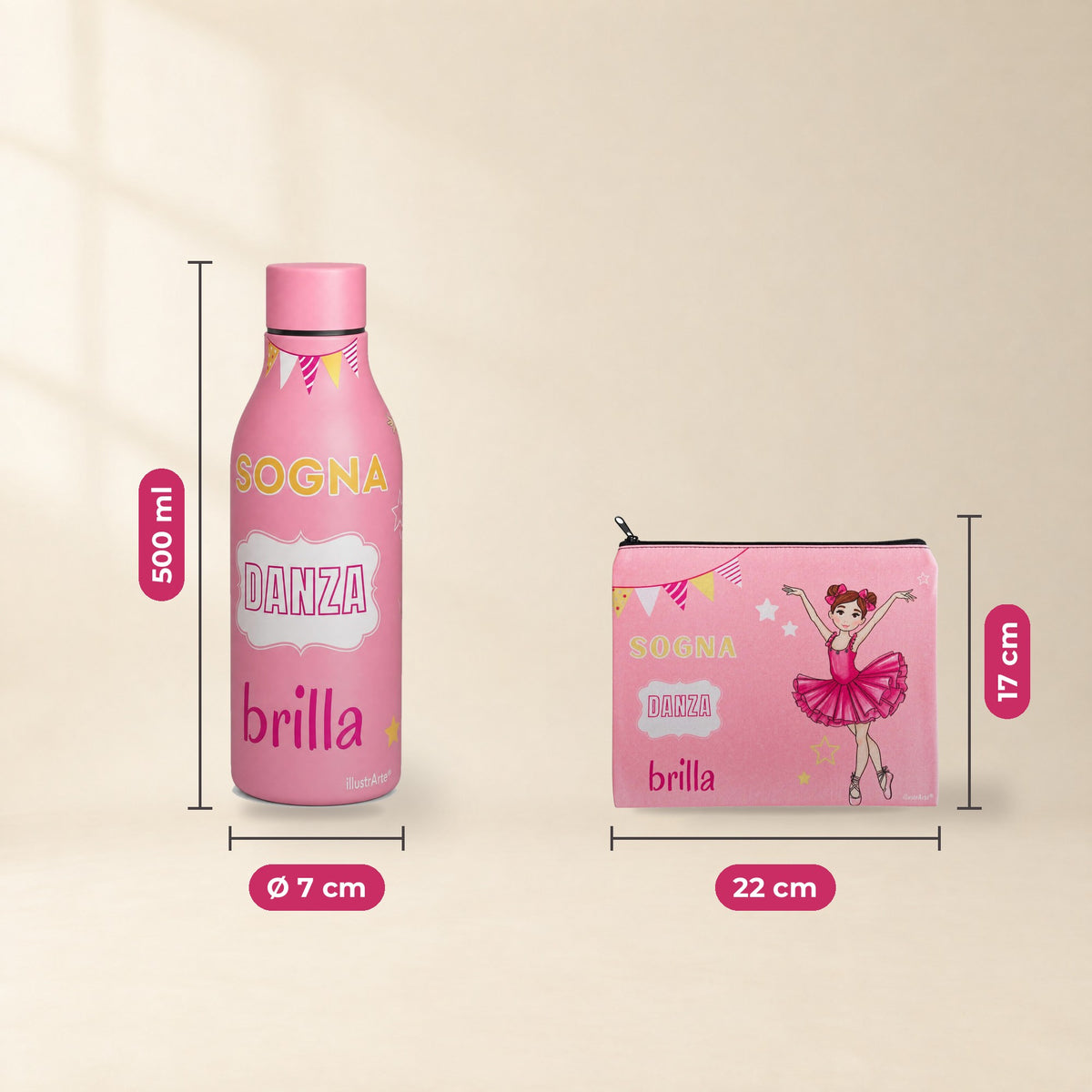 Pack Botella Térmica Bailarina + Neceser Granada – diseño Marina (Sogna, Danza, Brilla) – medidas
