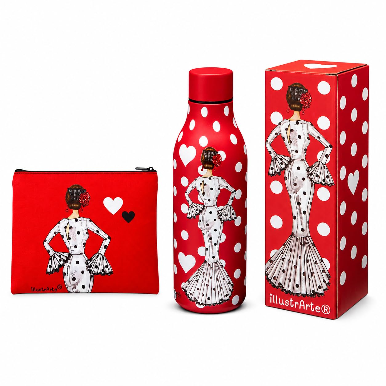 Pack botella térmica 500 ml + neceser Granada 22x17 cm illustrArte – María Blanco fondo rojo