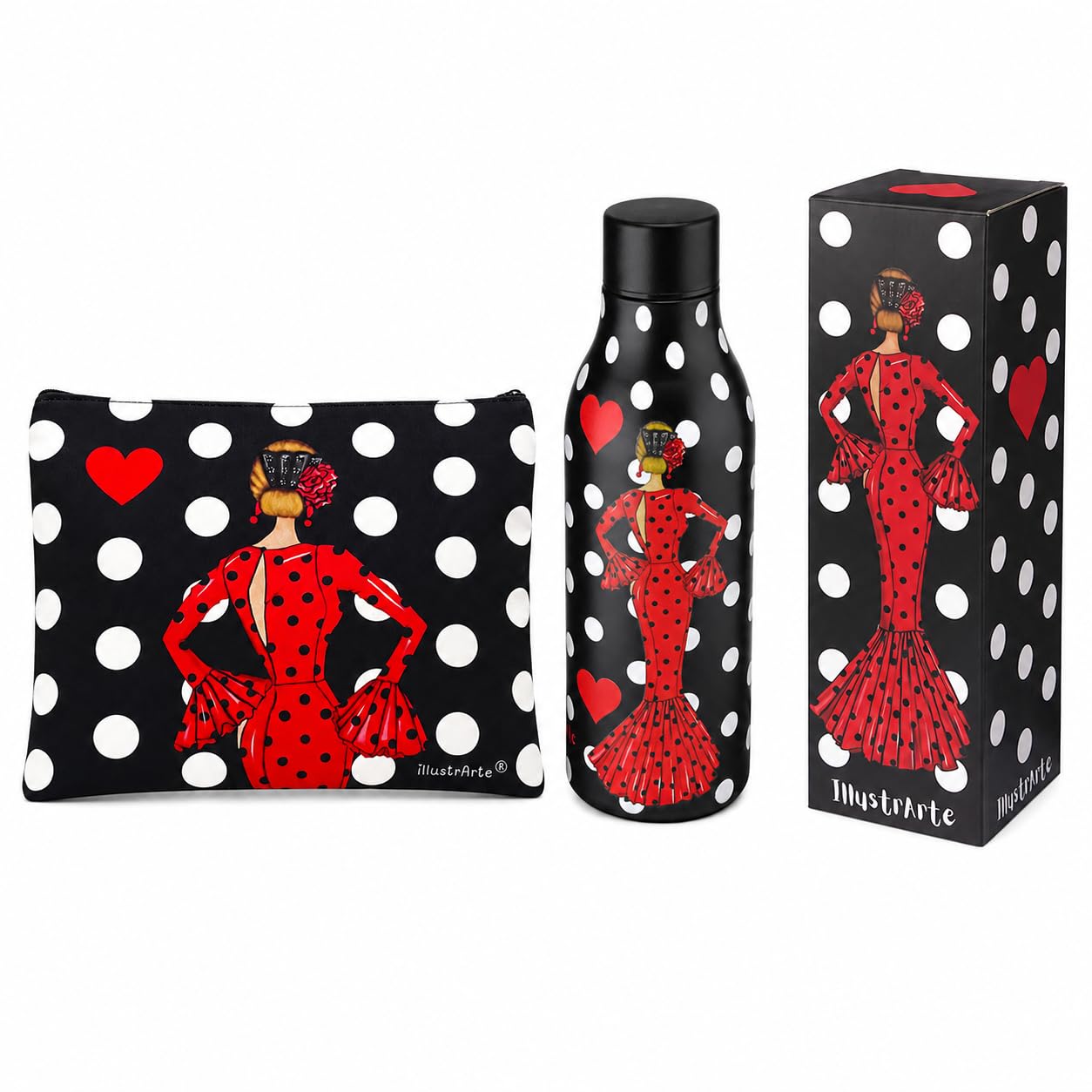 Pack botella térmica 500 ml + neceser Granada 22x17 cm illustrArte – diseño María Rojo Lunares