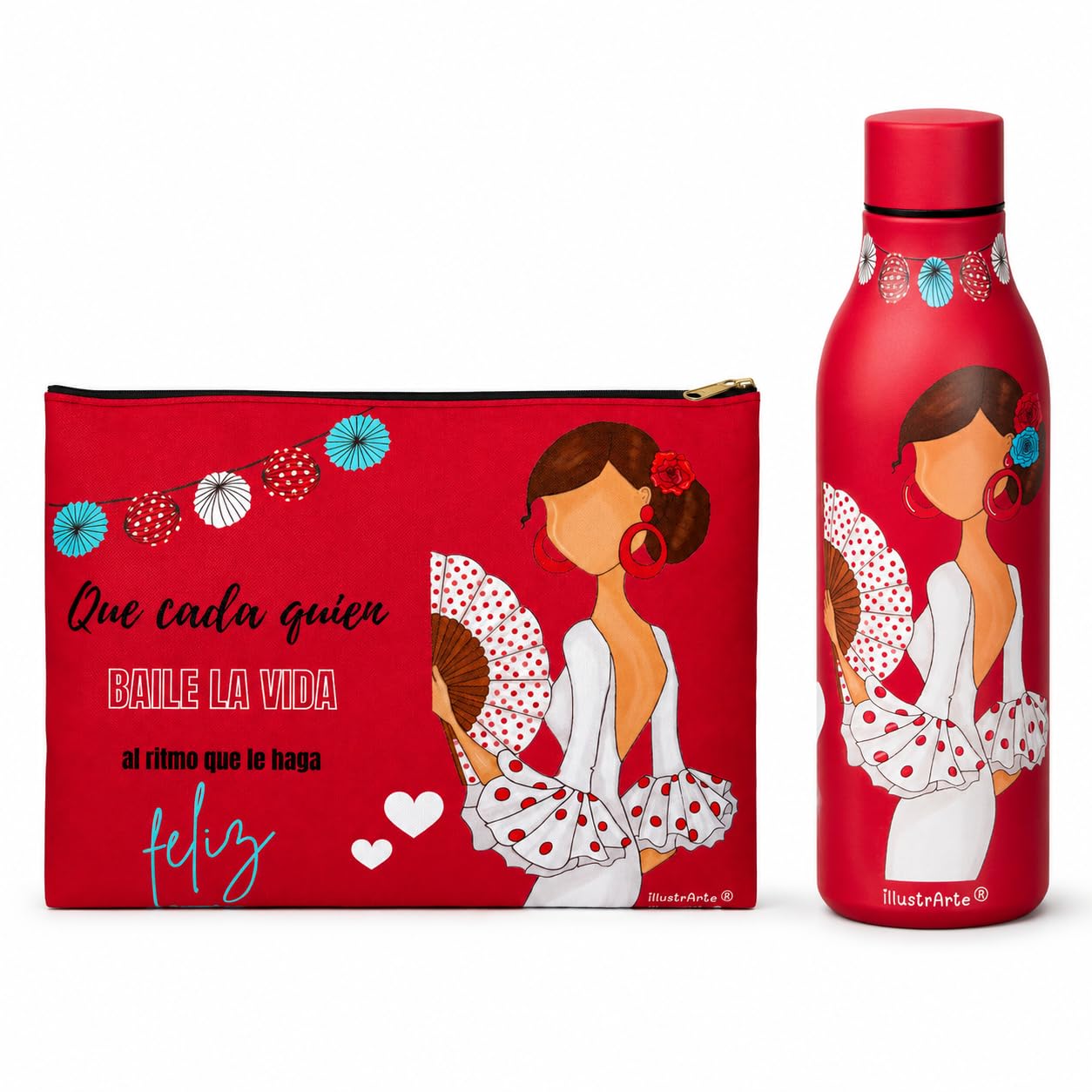 Pack botella térmica 500 ml + neceser Granada 22x17 cm illustrArte – Pepa Feliz rojo