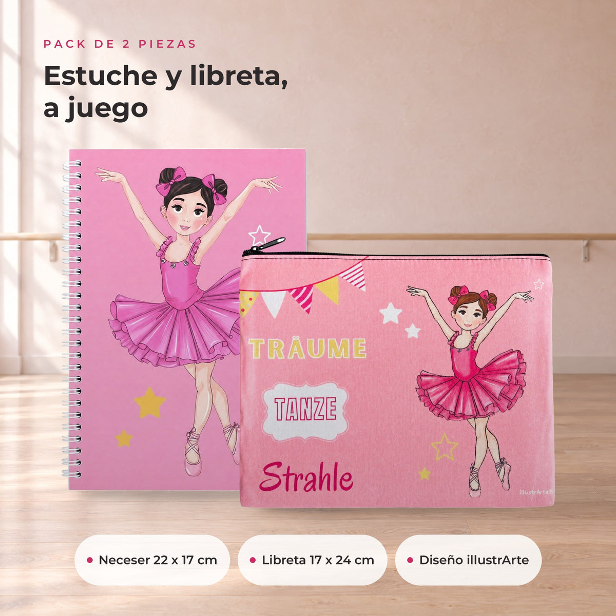 Pack Neceser Granada + Libreta Bailarina – diseño Marina (Träume, Tanze, Strahle) – qué incluye