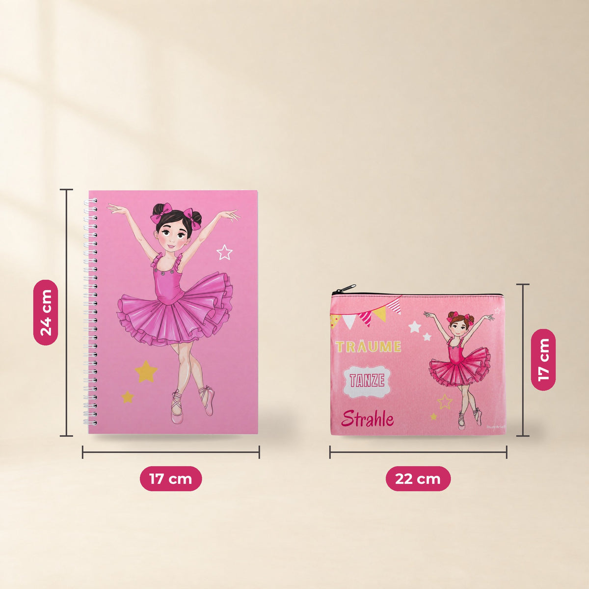 Pack Neceser Granada + Libreta Bailarina – diseño Marina (Träume, Tanze, Strahle) – medidas