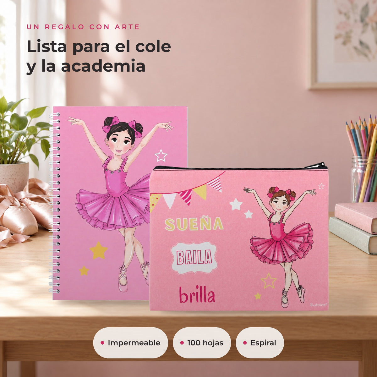 Pack Neceser Granada + Libreta Bailarina – diseño Marina (Sueña, Baila, Brilla) – ambiente