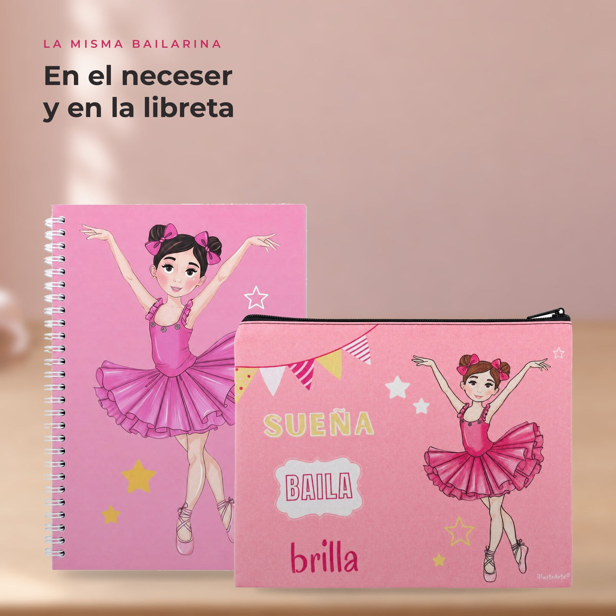 Pack Neceser Granada + Libreta Bailarina – diseño Marina (Sueña, Baila, Brilla) – detalle