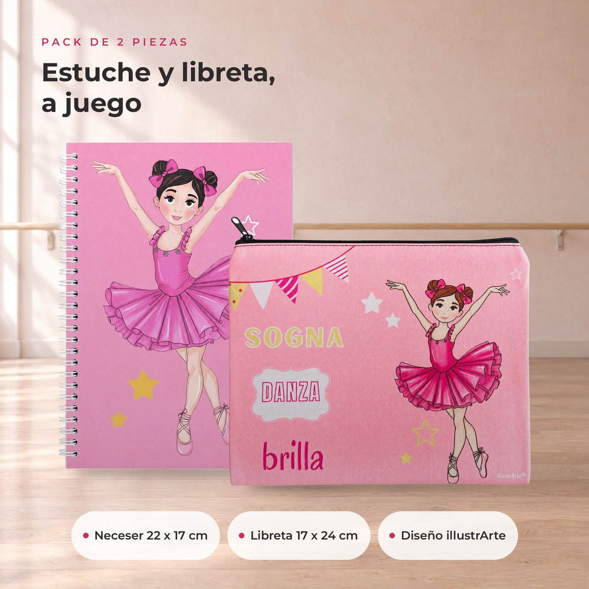 Pack Neceser Granada + Libreta Bailarina – diseño Marina (Sogna, Danza, Brilla) – qué incluye