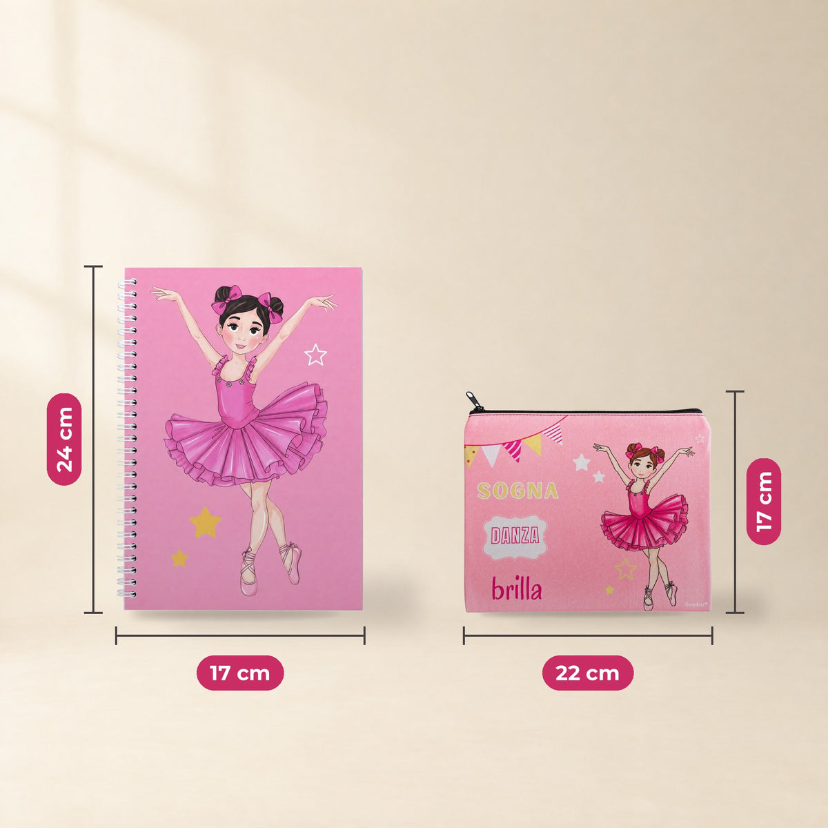 Pack Neceser Granada + Libreta Bailarina – diseño Marina (Sogna, Danza, Brilla) – medidas