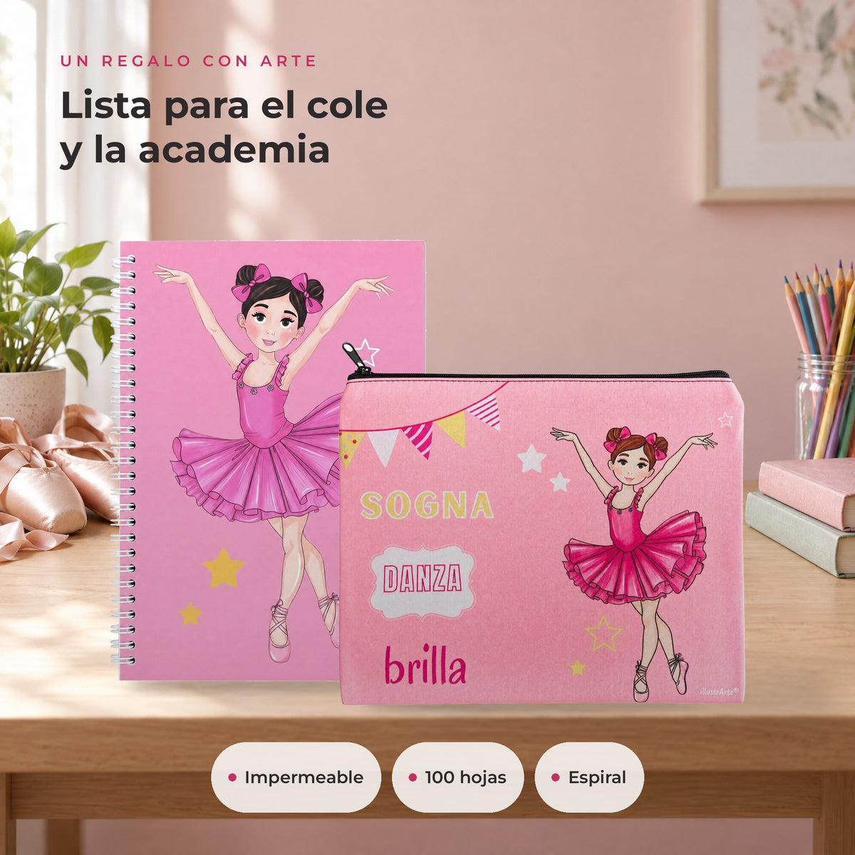 Pack Neceser Granada + Libreta Bailarina – diseño Marina (Sogna, Danza, Brilla) – ambiente
