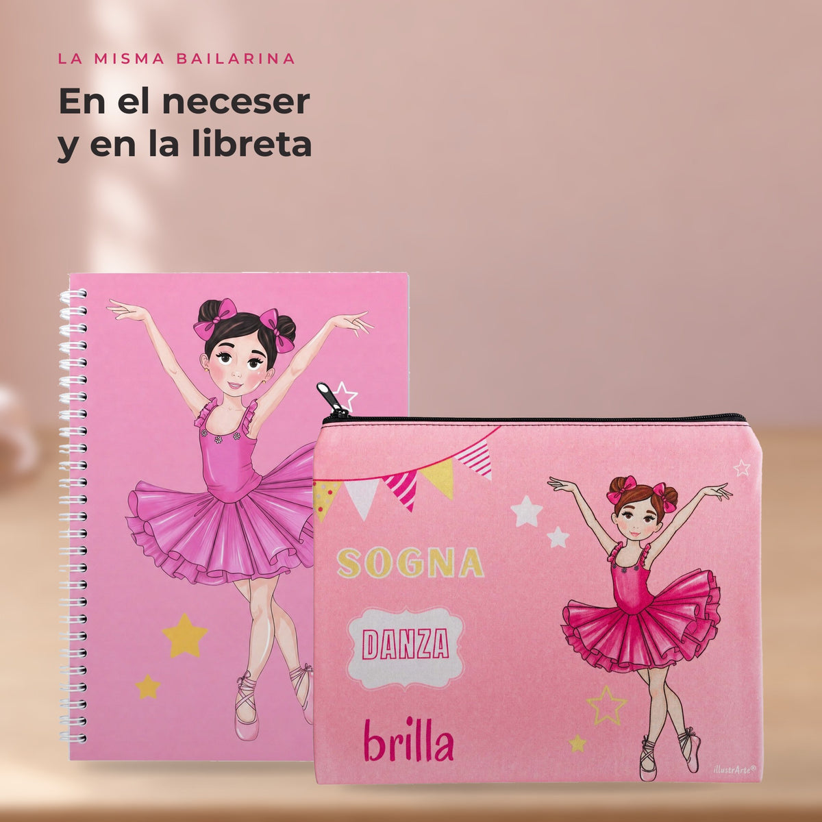 Pack Neceser Granada + Libreta Bailarina – diseño Marina (Sogna, Danza, Brilla) – detalle