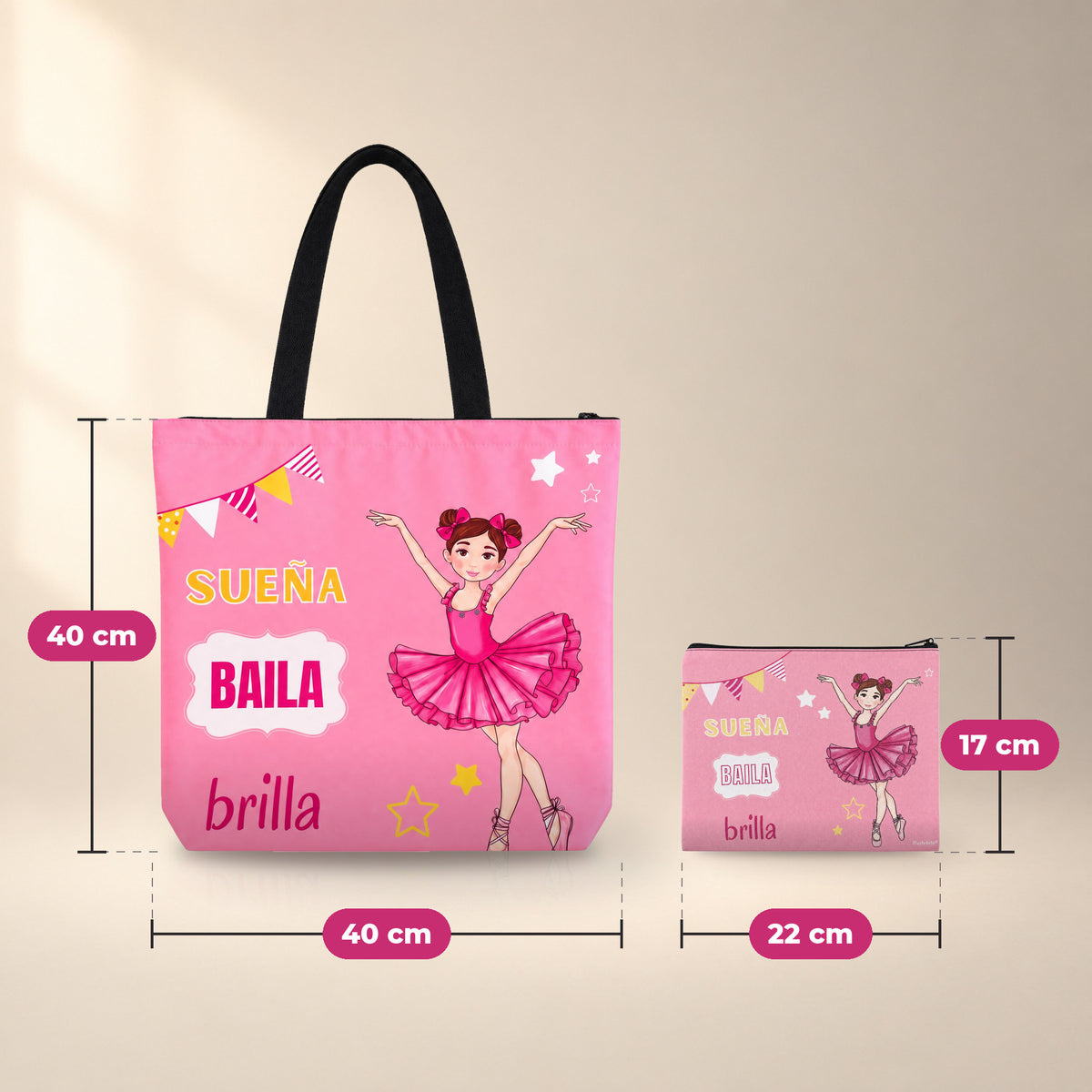 Medidas: bolsa de ballet 40 x 40 cm y neceser Granada 22 x 17 cm