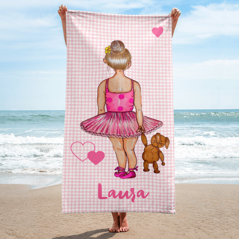 Ballerina Girl Customizable Beach, Gym, Yoga Towel, pink dress with a teddy bear design. - IllustrArte