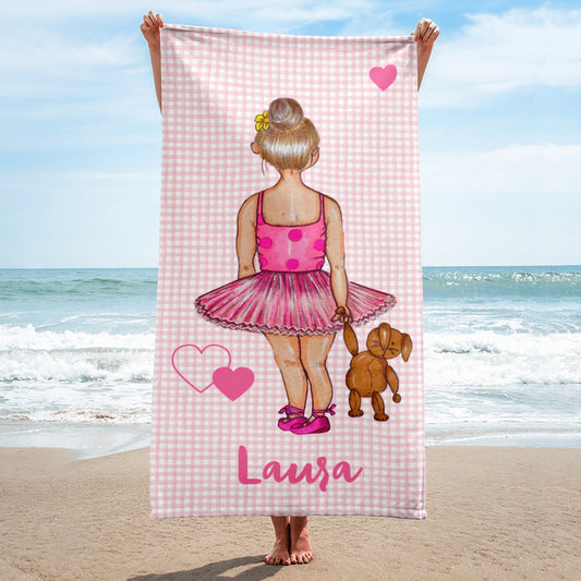 Ballerina Girl Customizable Beach, Gym, Yoga Towel, pink dress with a teddy bear design. - IllustrArte