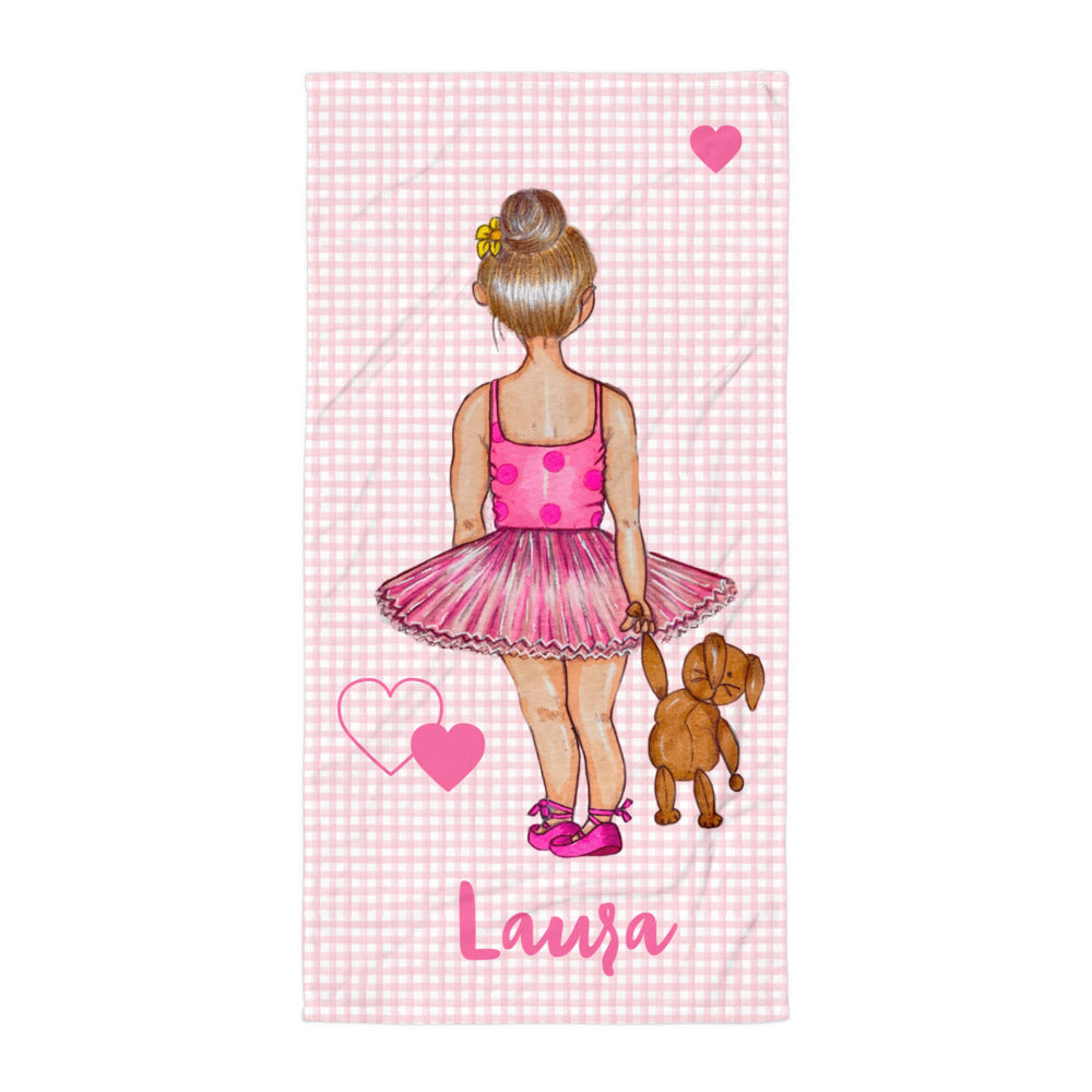 Ballerina Girl Customizable Beach, Gym, Yoga Towel, pink dress with a teddy bear design. - IllustrArte