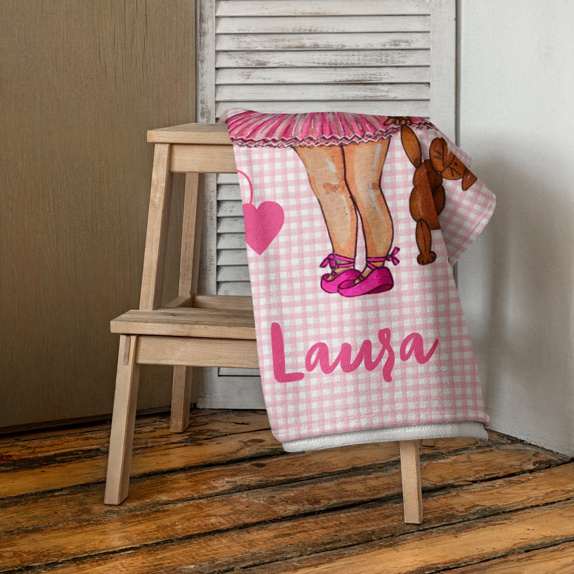 Ballerina Girl Customizable Beach, Gym, Yoga Towel, pink dress with a teddy bear design. - IllustrArte