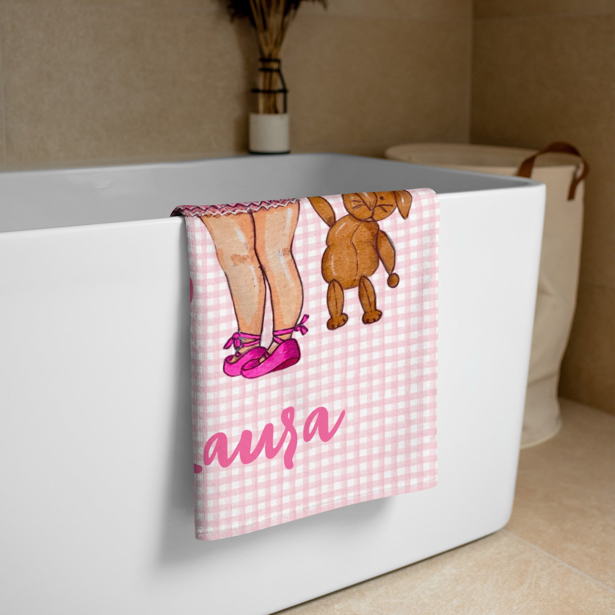 Ballerina Girl Customizable Beach, Gym, Yoga Towel, pink dress with a teddy bear design. - IllustrArte