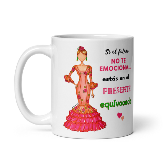 Caneca de cerâmica personalizável. Modelo flamenco Mónica com frase positiva.