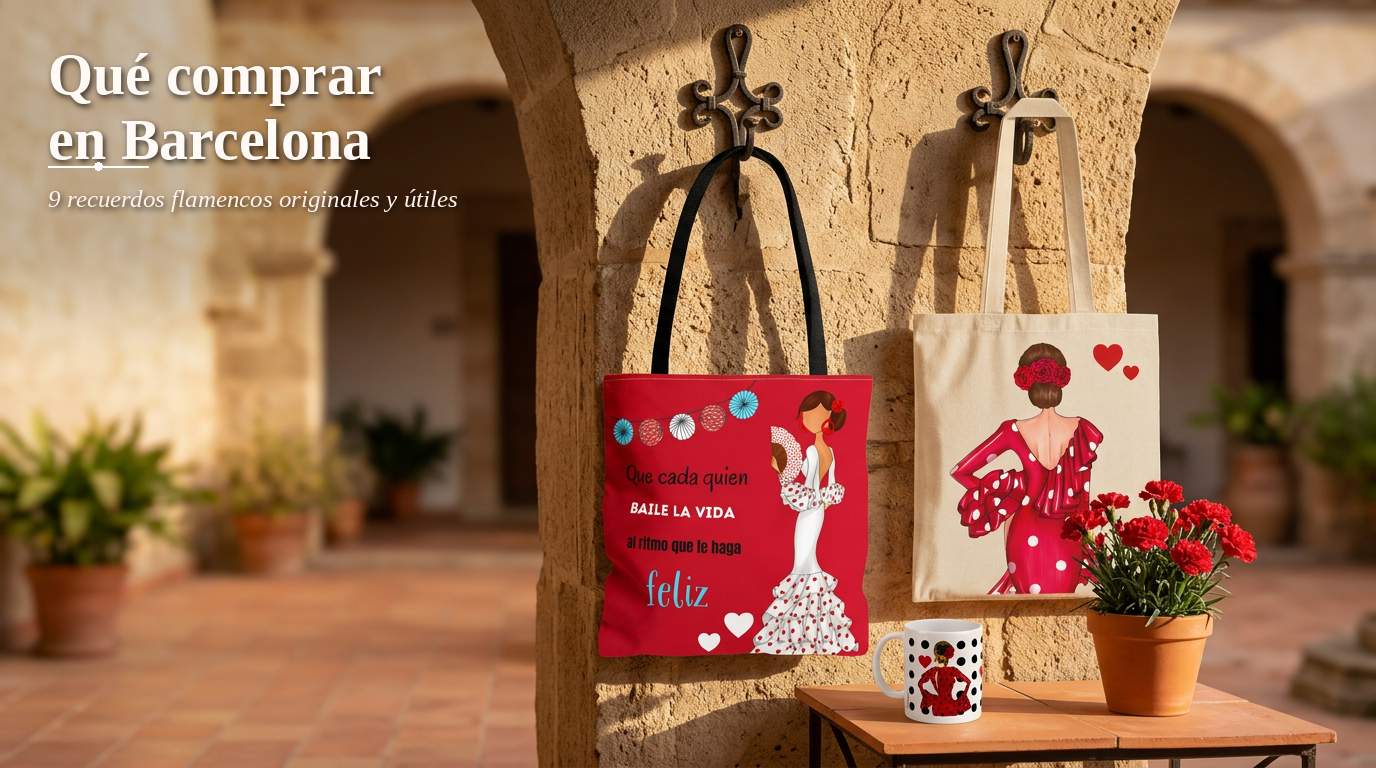 Qué comprar en Barcelona: bolso rojo y bolso crudo illustrArte colgados de ganchos en un patio de Barcelona, junto a una taza y flores de clavel rojas