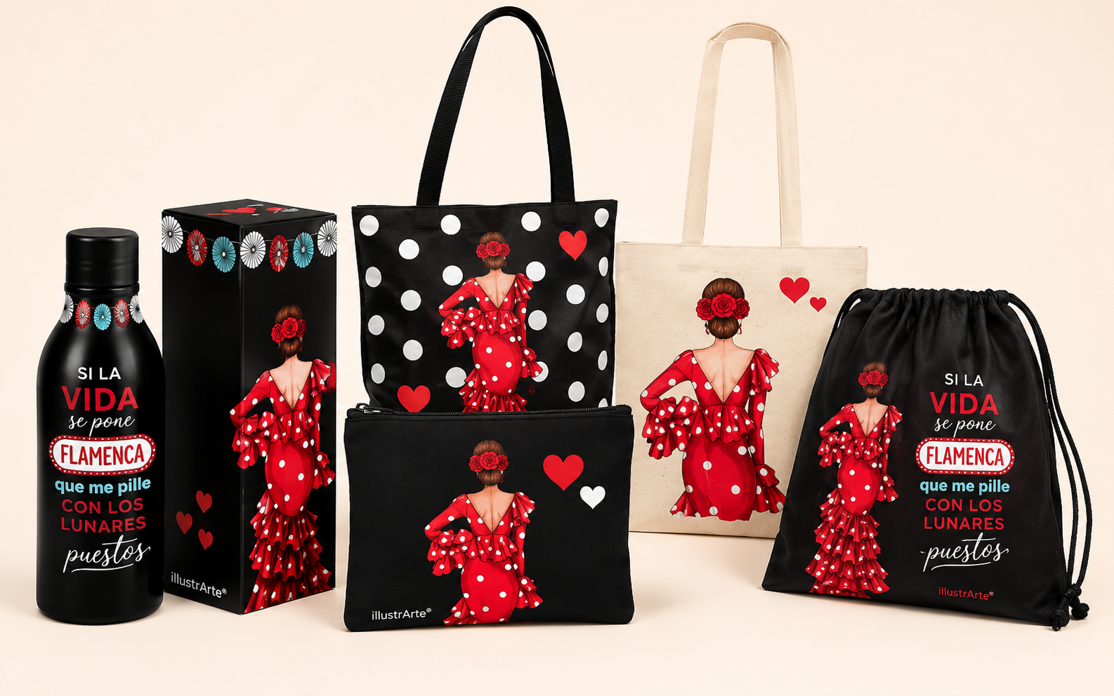 Selección de regalos flamencos illustrArte con botella térmica, bolsos, neceser y bolsa de cuerdas con diseño de flamenca roja.