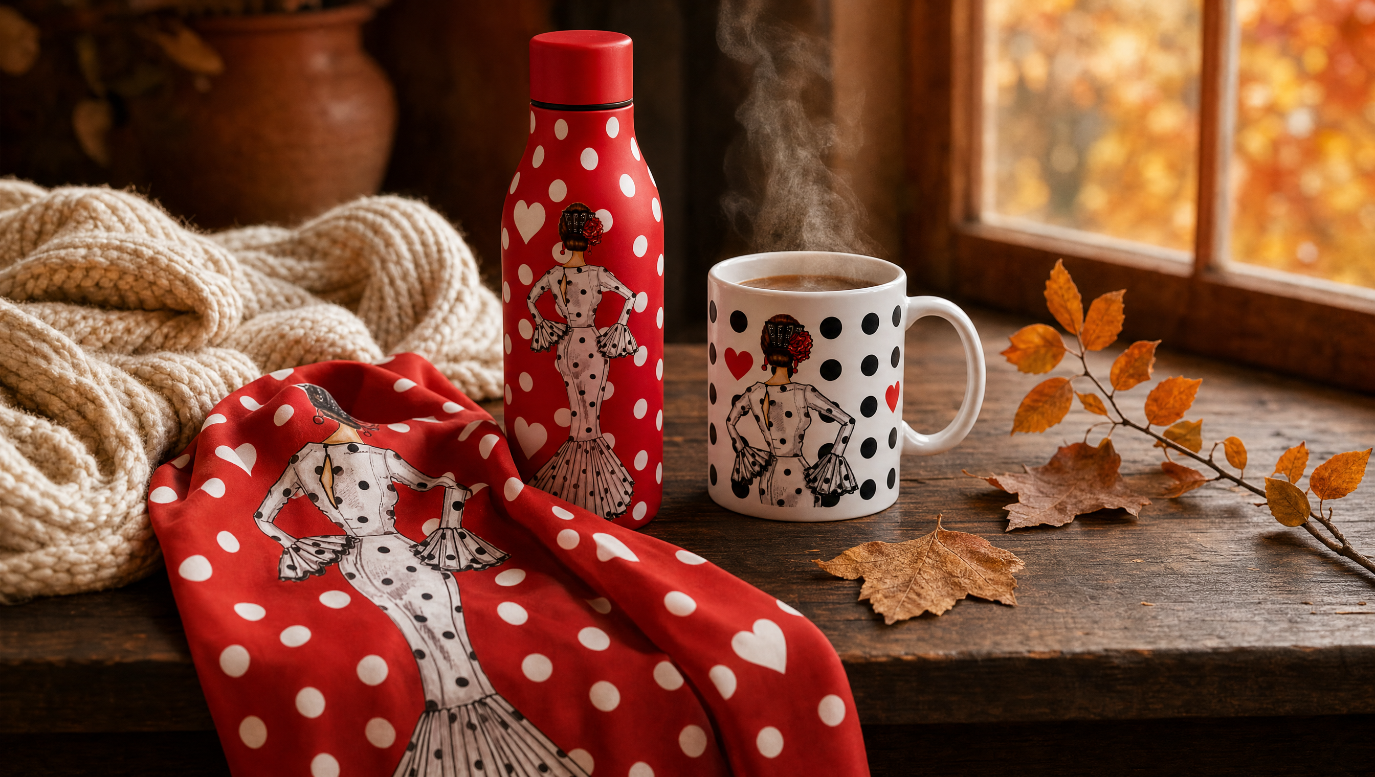 Botella térmica, pañuelo de seda y taza de cerámica flamencas de illustrArte sobre una mesa de madera con luz de otoño, hojas secas y una manta de punto