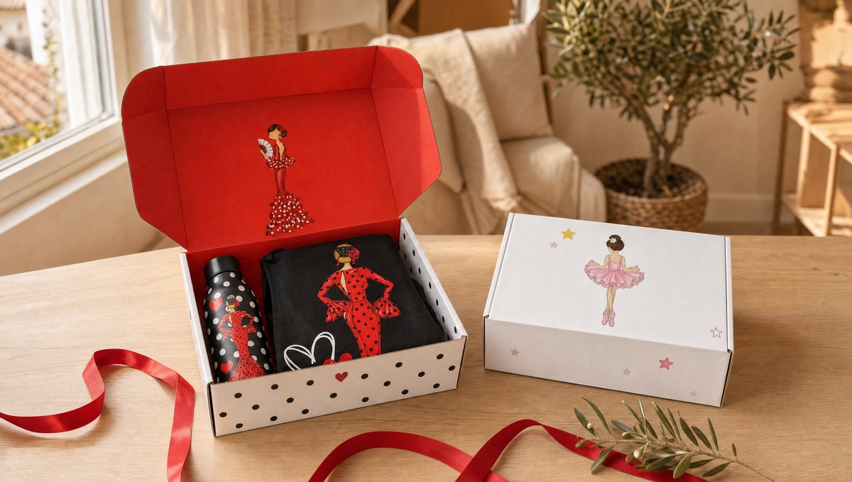 Caja regalo flamenca de illustrArte abierta con una botella térmica y un delantal flamenco dentro, junto a la caja regalo de ballet cerrada, sobre una mesa de madera