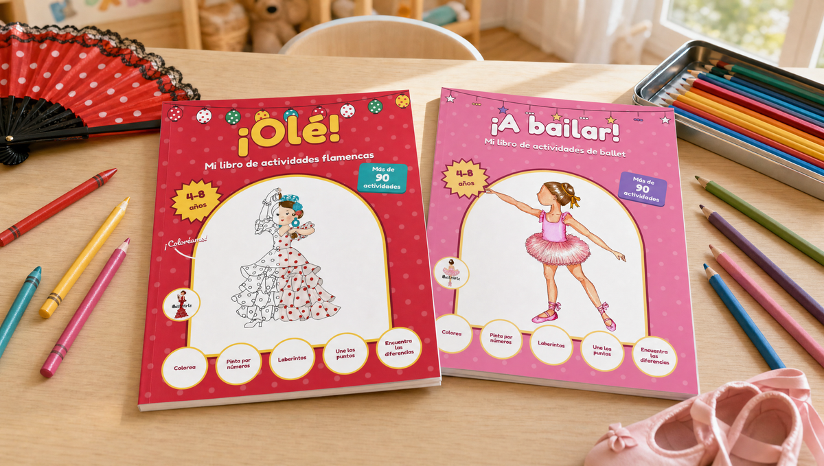 Libros de actividades ¡Olé! y ¡A bailar! de illustrArte sobre una mesa infantil con lápices de colores