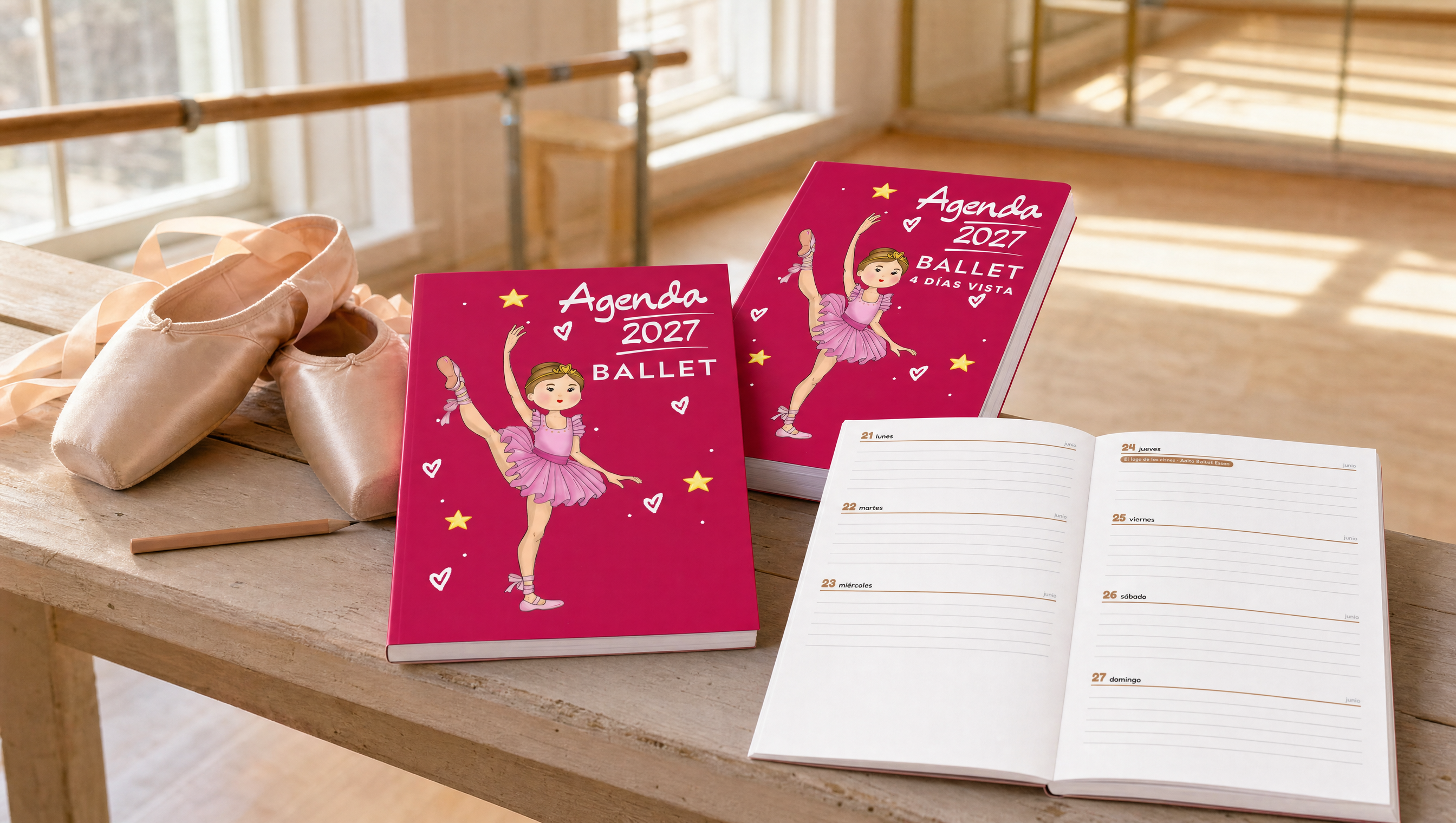 Agenda 2027 Ballet de illustrArte en sus dos formatos, semana vista y 4 días vista, sobre un banco de una sala de ballet con zapatillas de punta