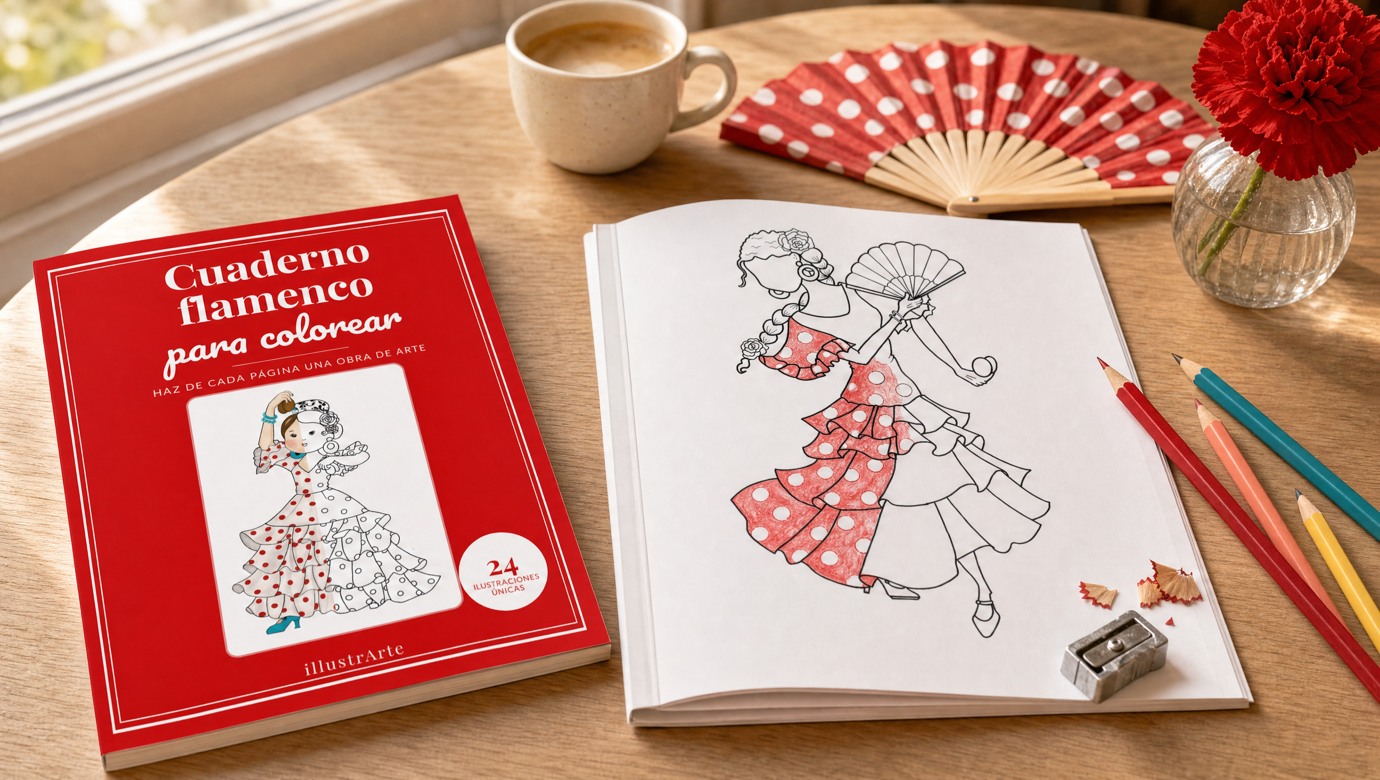 Flamenco kleurboek van illustrArte naast een half ingekleurde pagina en kleurpotloden op een houten tafel