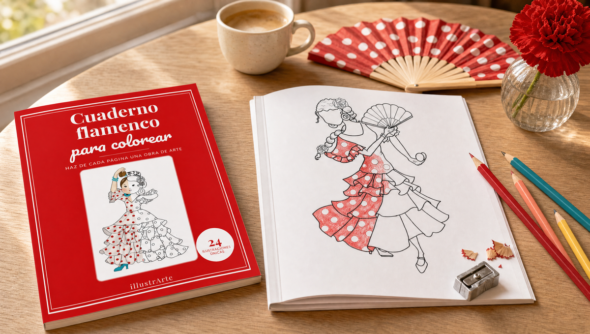 Flamenco kleurboek van illustrArte naast een half ingekleurde pagina en kleurpotloden op een houten tafel