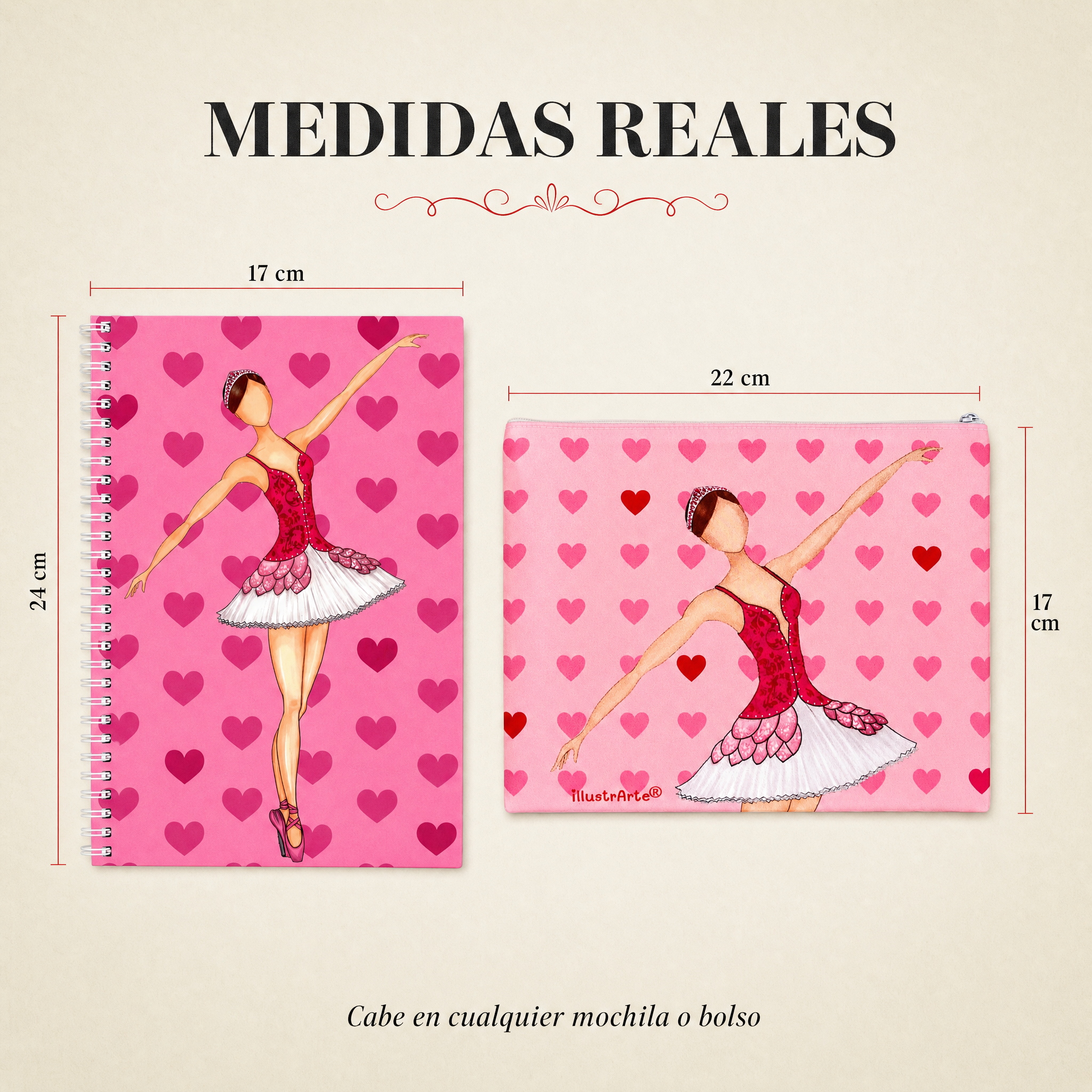 Medidas reales del estuche y la libreta, diseño Bailarina Mariela