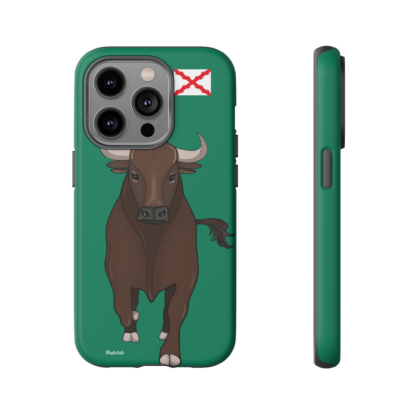 una funda de teléfono con una imagen de un toro en ella