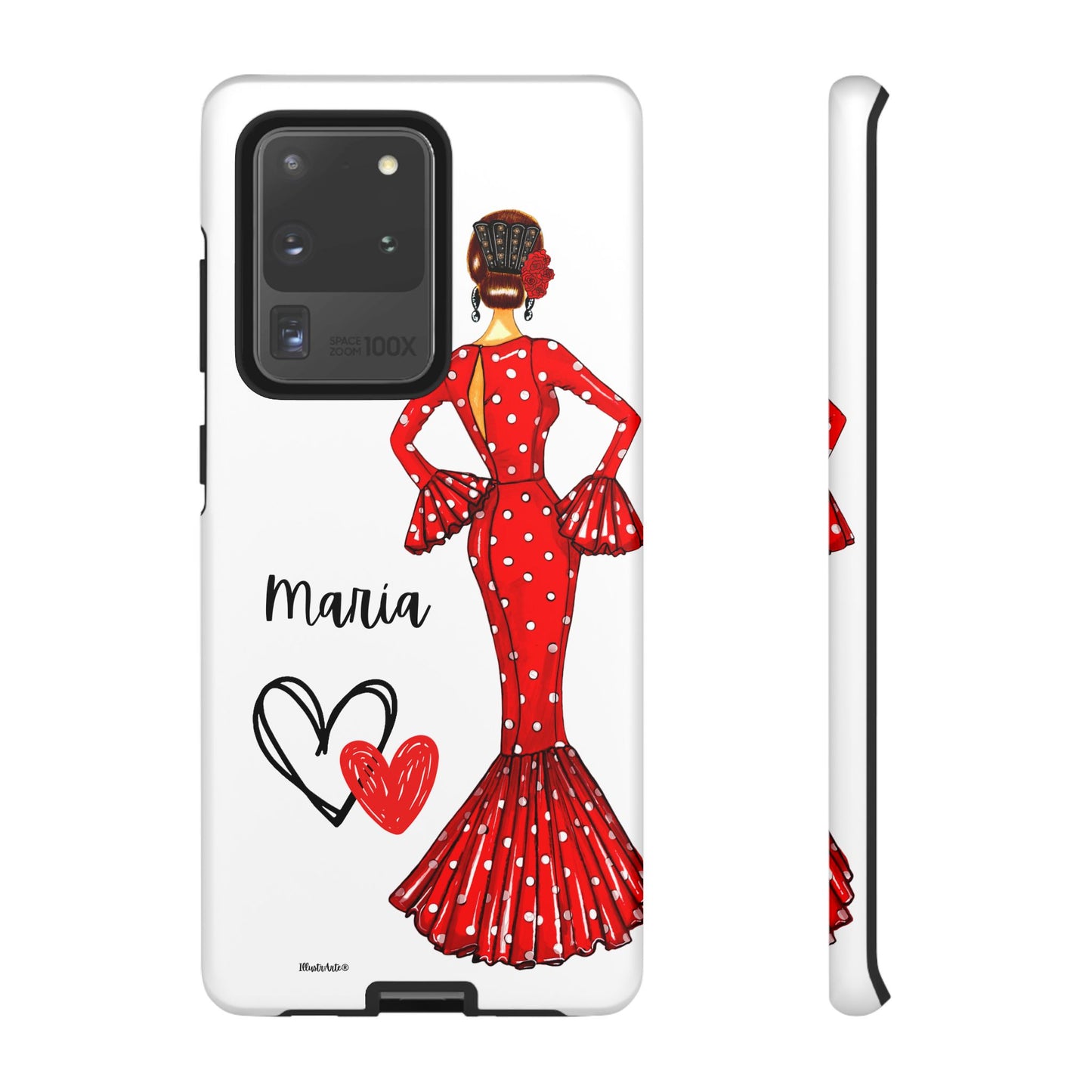 una funda de teléfono con una mujer en un vestido rojo