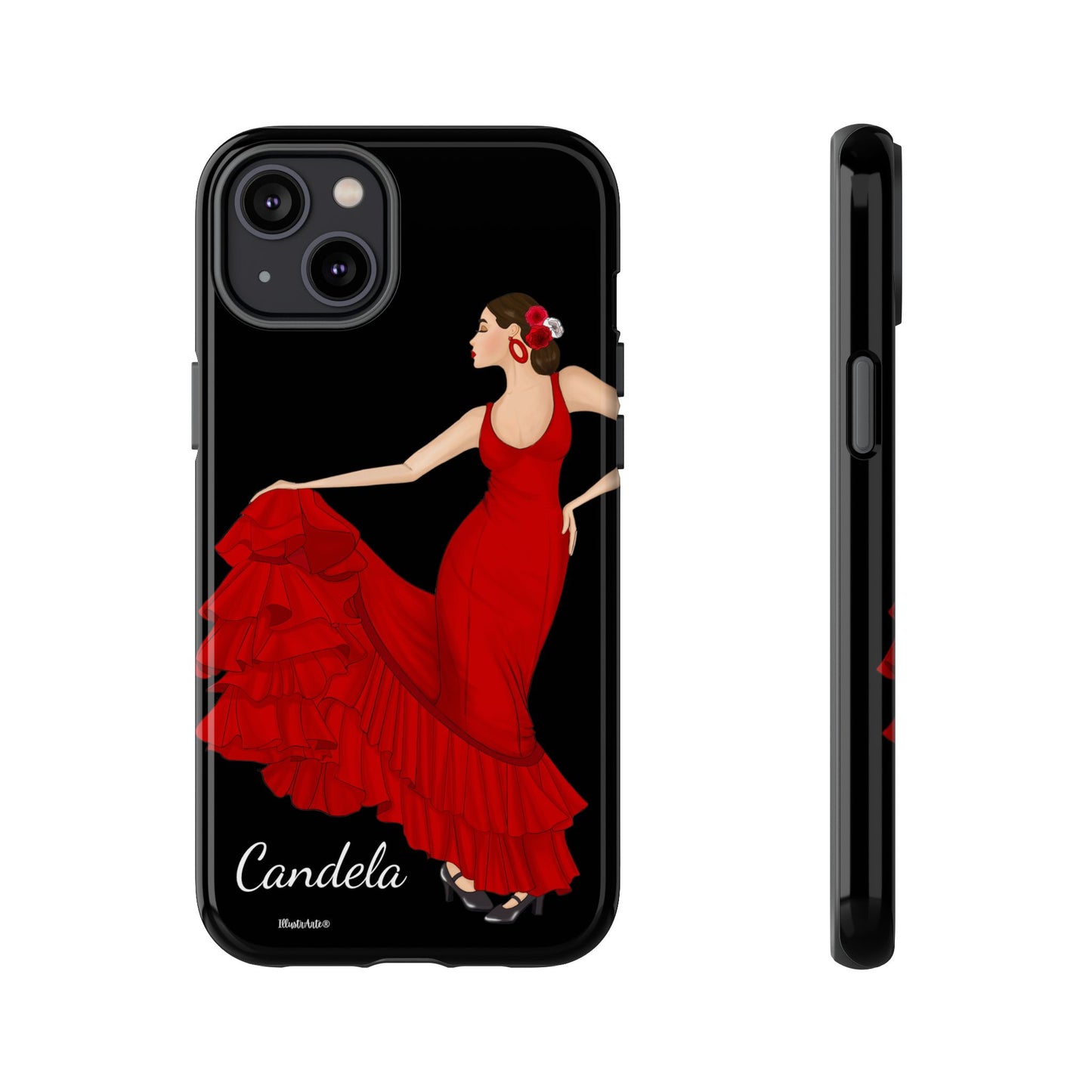 una funda de teléfono con una imagen de una mujer en un vestido rojo