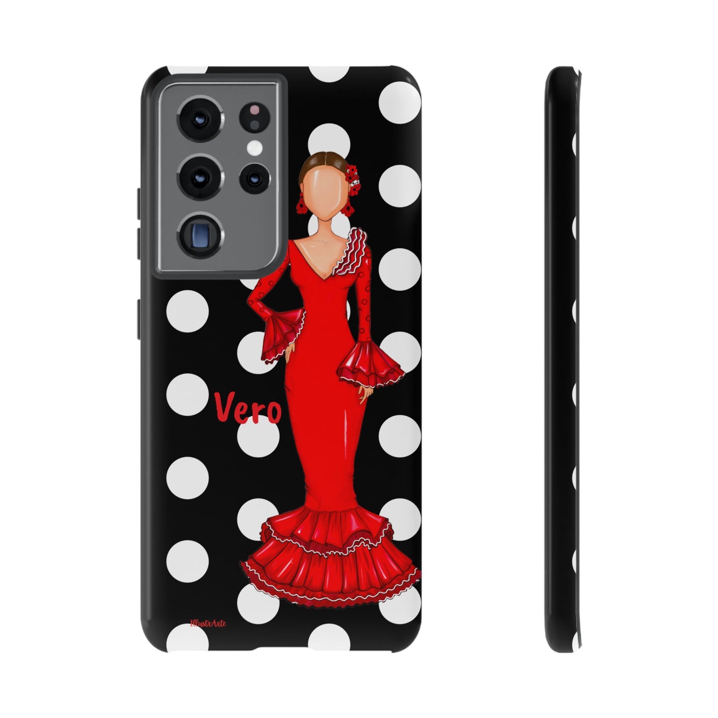 una funda de celular con una mujer en un vestido rojo