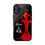 Personalised phone case flamenco dancer María, dark hair, with a little Virgin Mary for iPhone 16 Plus, gloss finish – illustrArte