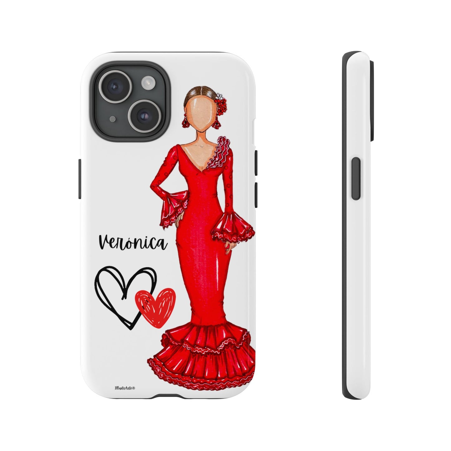 una funda de teléfono con un dibujo de una mujer en un vestido rojo