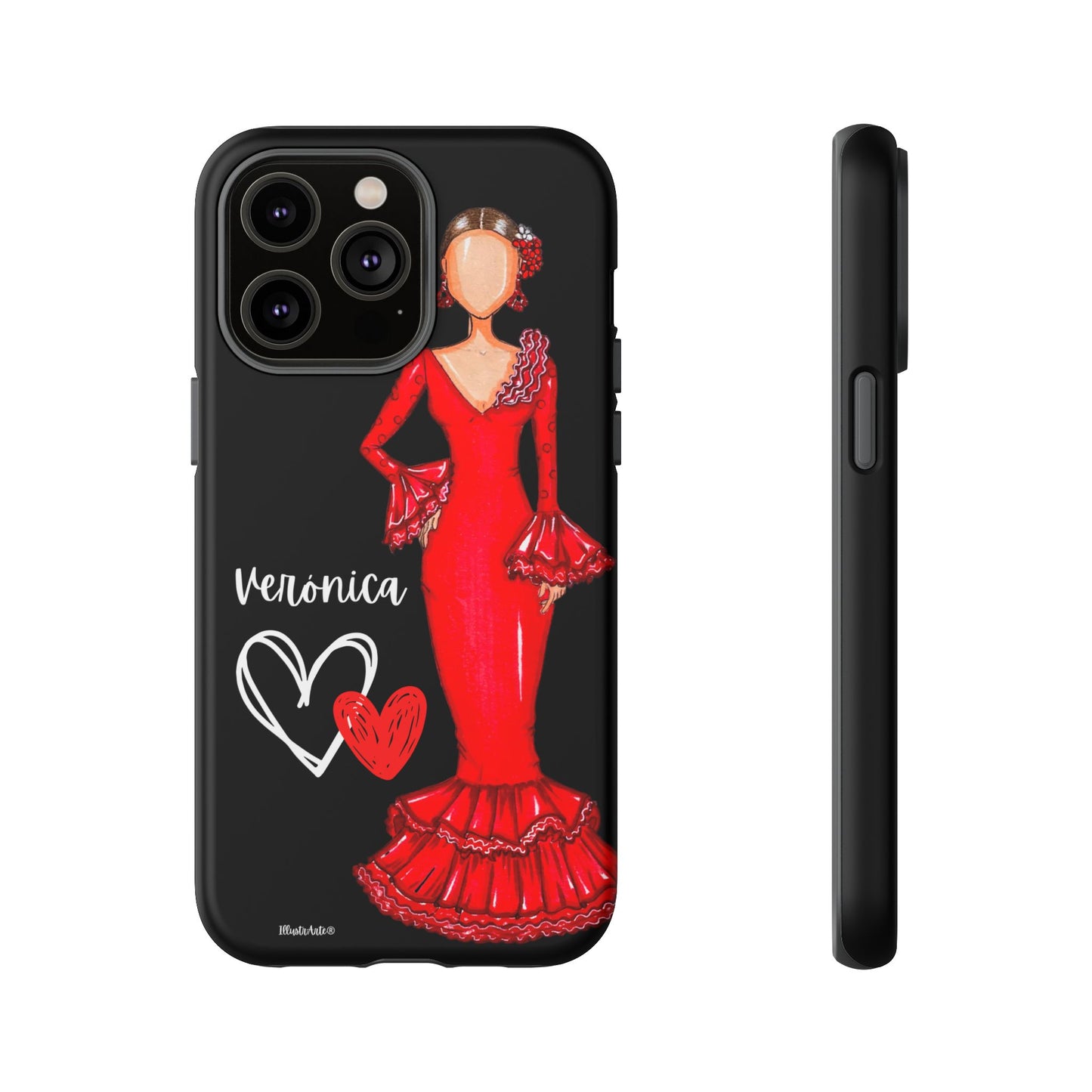 una funda de teléfono con una imagen de una mujer con un vestido rojo