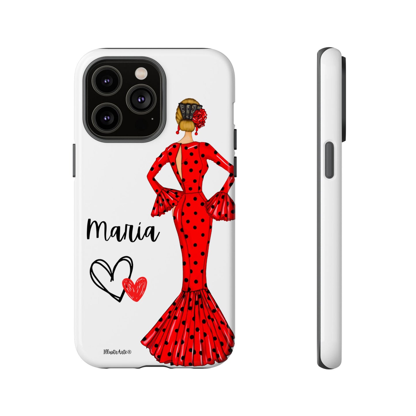 una funda de teléfono con una mujer en un vestido rojo