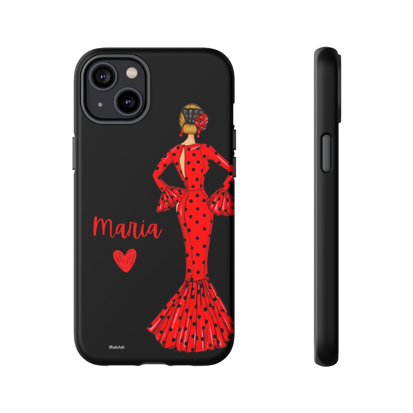 una funda de teléfono con una mujer en un vestido rojo